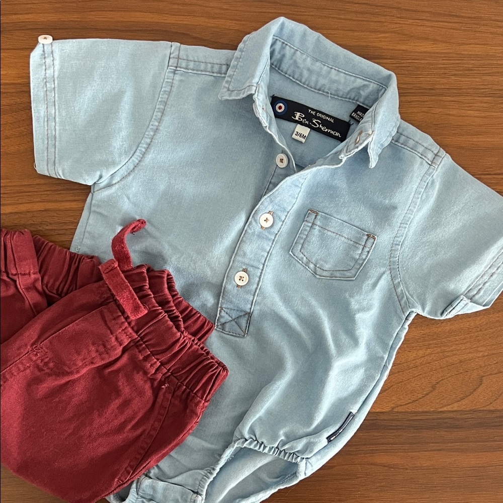 Baby Boy Ben Sherman Chambray Collared Bodysuit with Maroon Pants Set